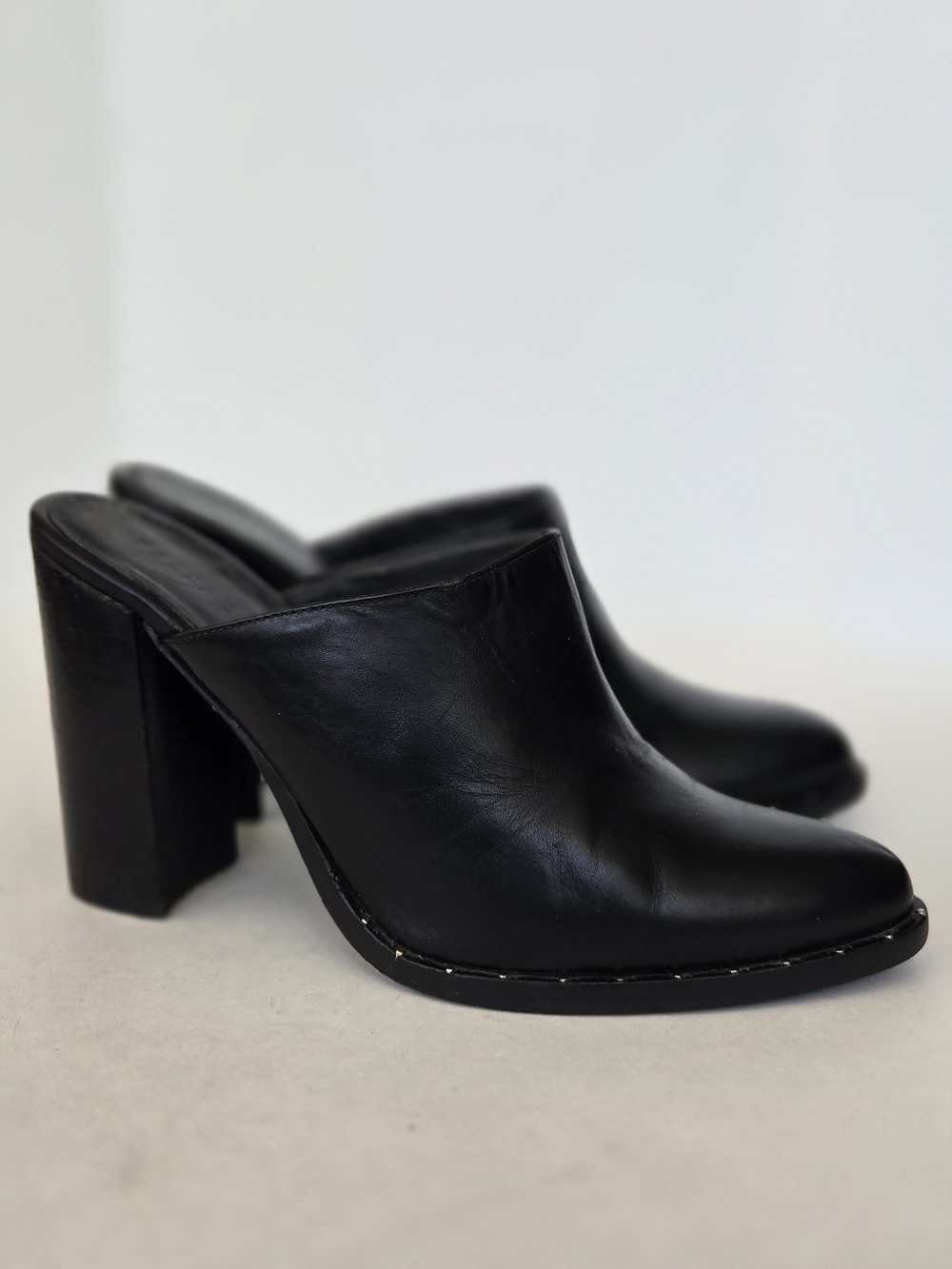 Freda Salvador Black Leather Block Heel Mules